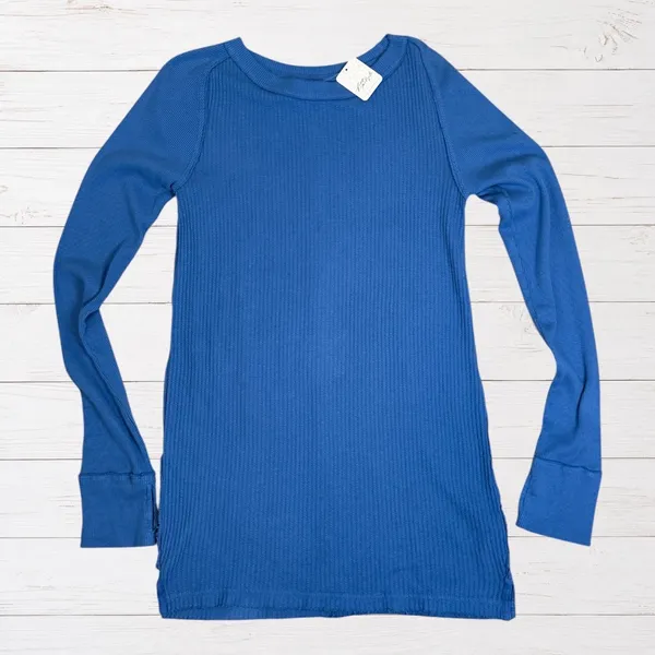 Free People Care Honey B Crew Neck Thermal Waffle Knit Top Copenhagen Blue S NWT - Image 2