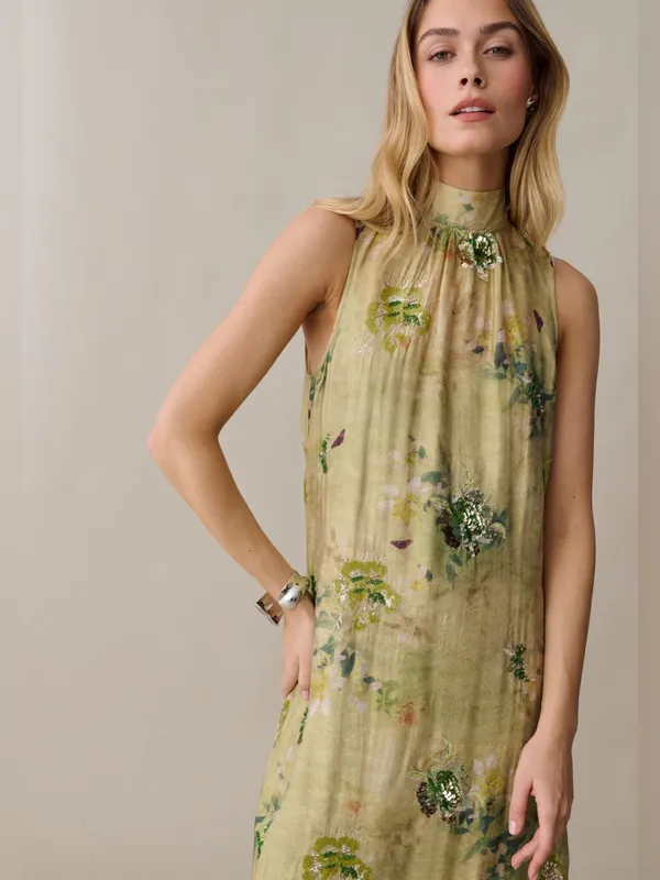 NWT Few Moda o.p.t Naia Dress size XS Maxi Green Sequin Mariposa Floral - Image 5