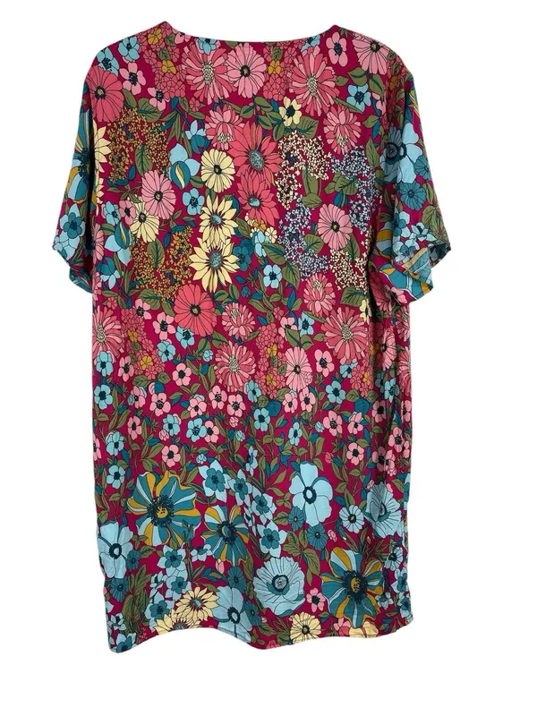 Natural Life Floral Mini Dress Womens M Pink Blue Boho Rayon Short Sleeve Hippie - Image 2