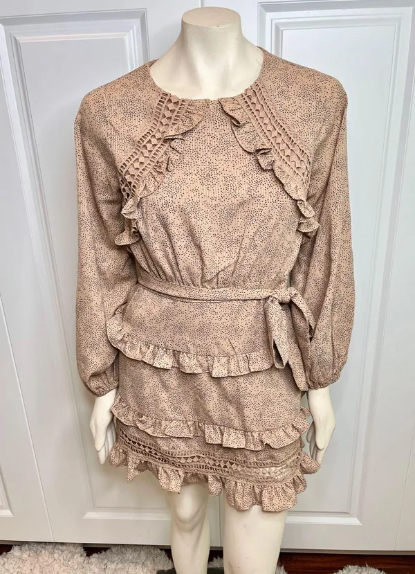 Lulu’s Kiss Me Goodnight Tan Polka Dot Ruffled Long Sleeve Mini Dress - Image 9