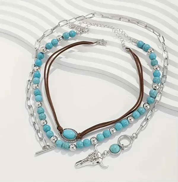 Turquoise and Silver Layered Necklace Set Blue - Image 9