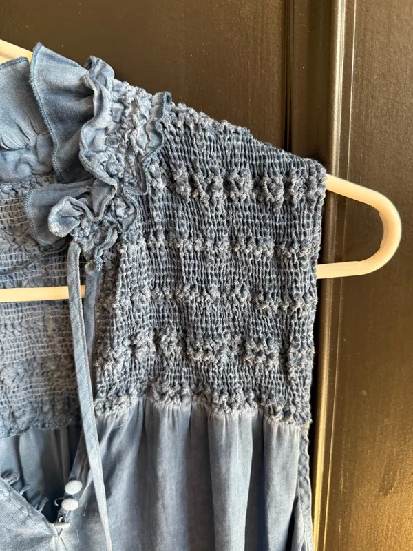 Free People Washed Denim Blue Smocked Ruffle Tie-Front Camisole - Image 5