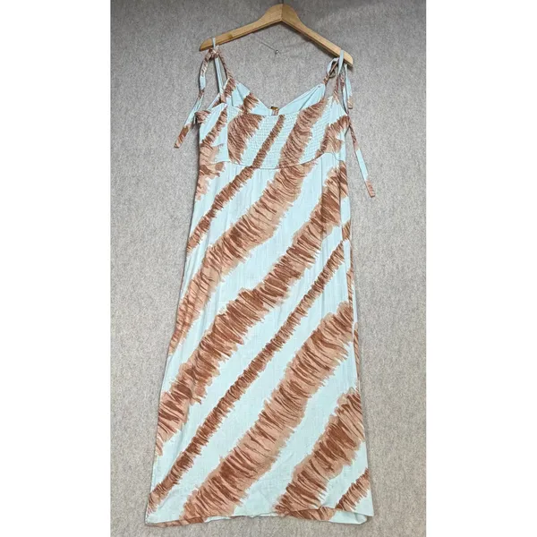 Moon‎ River Brown White Brushstroke Linen Blend Midi Dress Tie Strap Cutout Med - Image 3