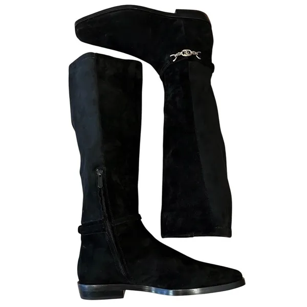 Sam Edelman Clive Black Suede Knee High Boots Square Toe Gold Chain Size 6.5 - Image 3