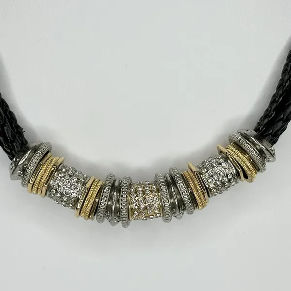 Chico's Rhinestone Silver and Gold Tone Black Braided Cord Necklace ✨ - Image 3