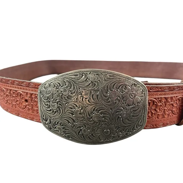 Vintage 1994 Embossed Leather Western Belt Floral Scroll Buckle Brown L - Image 3