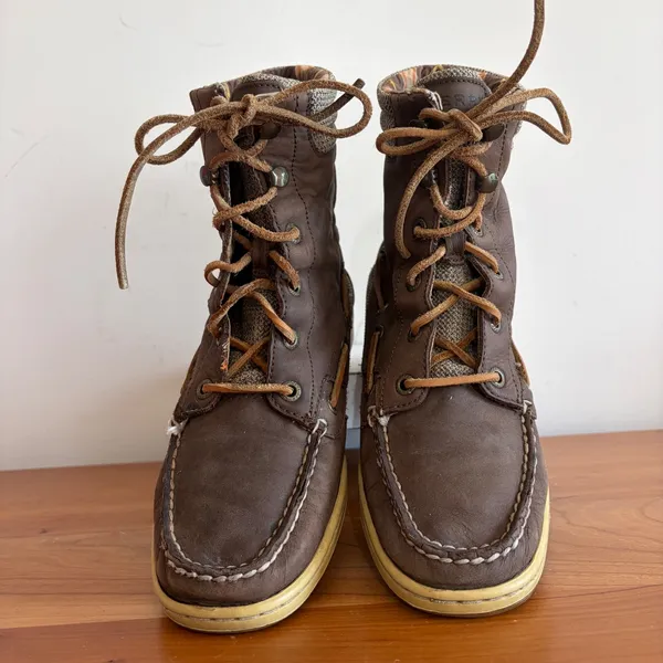Sperry Top-Sider Brown Leather Canvas Plaid Lined Mid Calf Boots Size 7M - Image 4