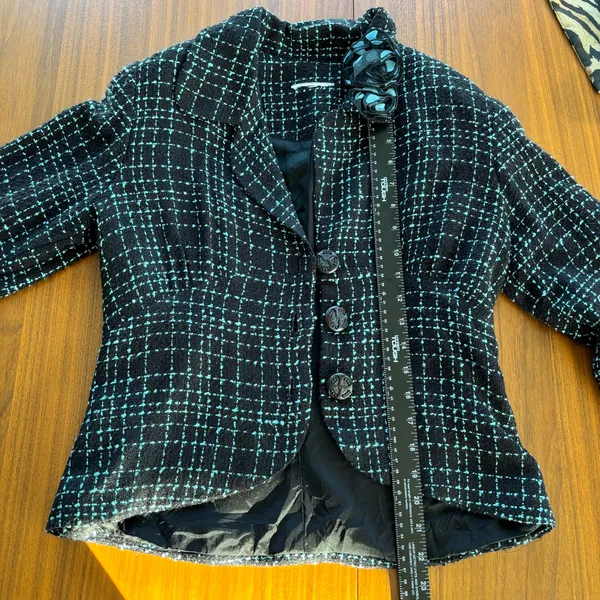Y2K Tweed Blazer S Blue Plaid Floral Lapel Rosette Office Siren Whimsy Rom Com - Image 5