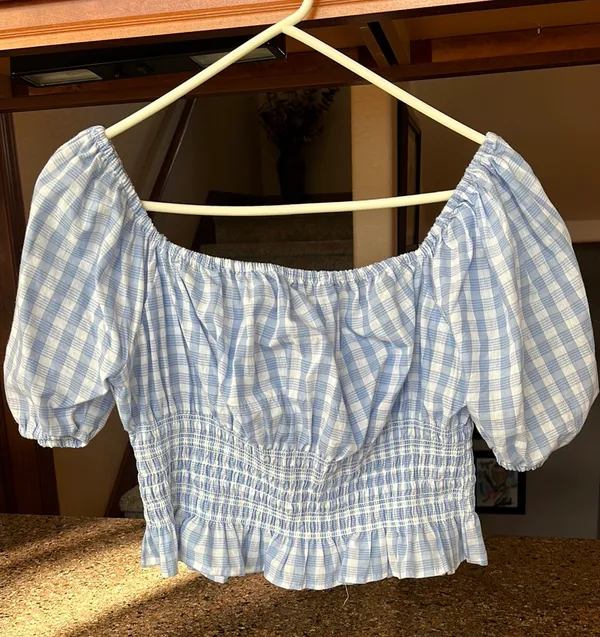 Light Blue Gingham Crop Top Size L - Image 2