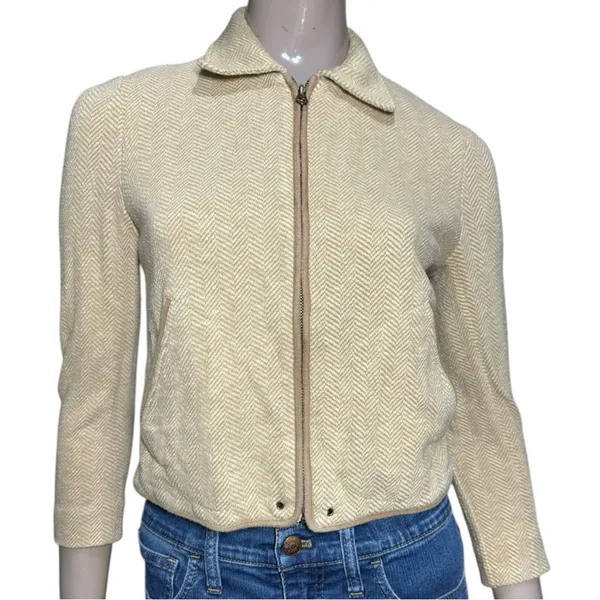 Ralph Lauren Vintage Women’s Tan Beige Herringbone Suede Trim Jacket Size 4 - Image 2