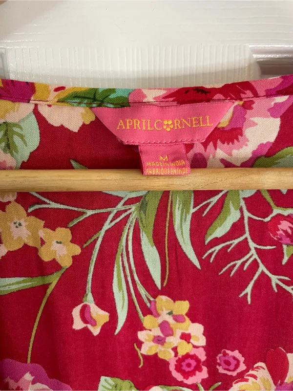 April Cornell Red Floral V Neck Milkweed Dress with Green Accents Size Medium - Image 2