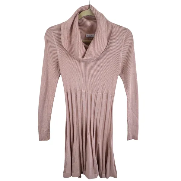 Calvin Klein Womens Blush Pink Cowl Neck Ribbed Pleated Sweater Dress Small - Image 2