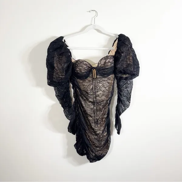 Oh Polly Tell Me More Black Lace Ruched Mini Dress Long Sleeve Puff Shoulders 8 - Image 2