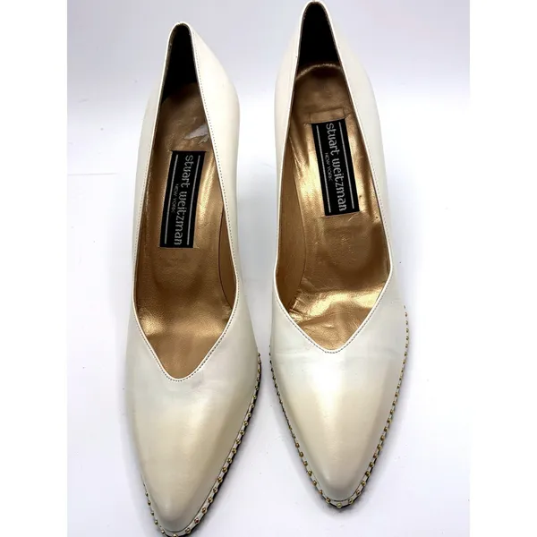 Stuart Weitzman Off White Leather Studded Pointed Toe Pumps Heels Size 7.5 - Image 2