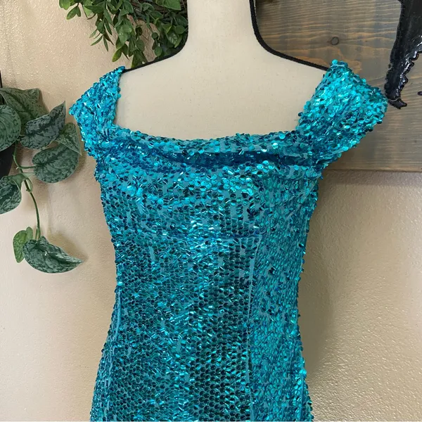 NWOT Lulus Glittering Nights Aqua Blue Sequin Off-the-Shoulder Mini Dress - Image 4