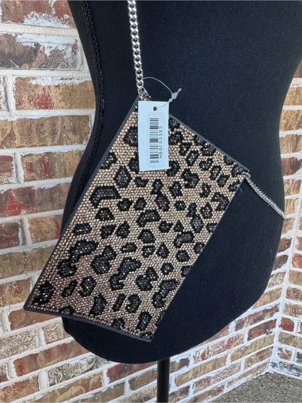 Leopard Rhinestone Crossbody Phone Bag Wallet Purse ID Pocket Silver Chain - Image 4
