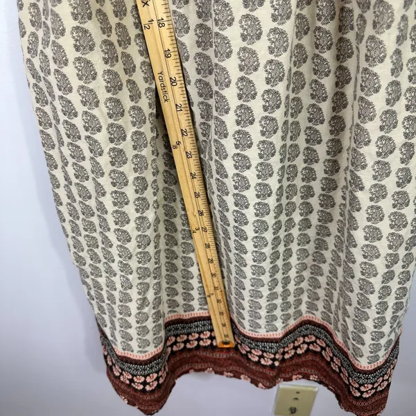 Boho Smocked Paisley Sundress Womens M Cream Black Block Print Mini Prairie‎ - Image 2