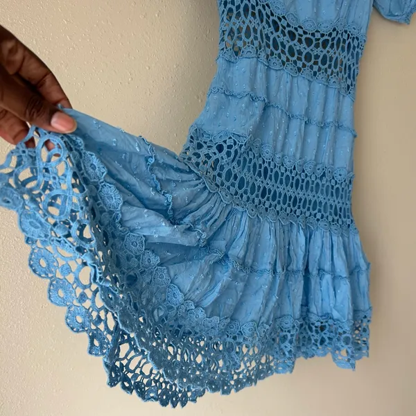 Free People Boho Blue Puff Sleeve Mini Dress Size 6 - Image 6