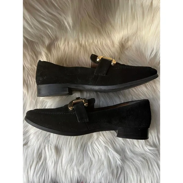Black Women's Suede Loafers with Gold Buckle Detail Size 9 - Image 6