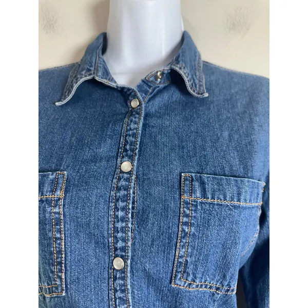 Mountain Lake Womens Medium Blue Denim Western Pearl Snap Long Sleeve Shirt - Image 3