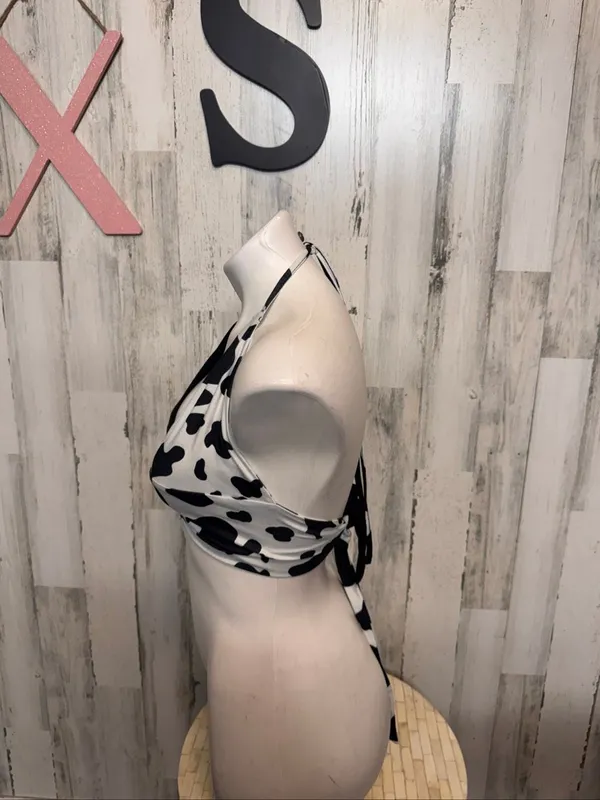SHEIN Cow Print Split Halter Crop Top Womens XS Black White O-Ring Swim Top - Image 5