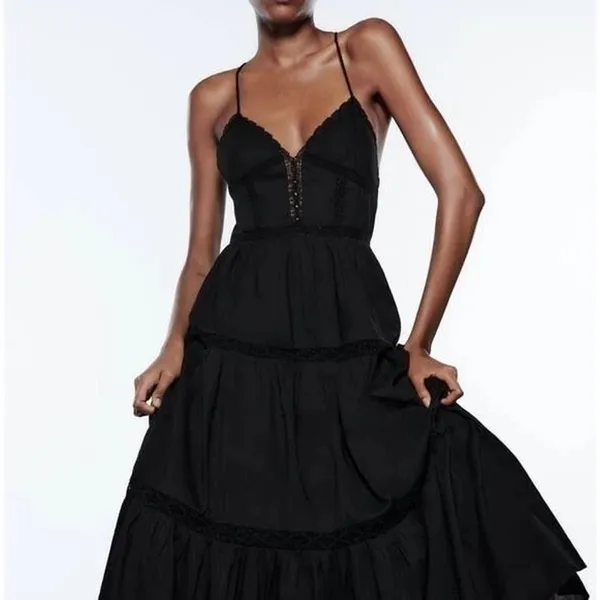 ZARA S Black Lace Midi Dress 100% Cotton Tiered Dark Romance Ruffle Sundress - Image 2