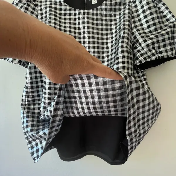 J. Crew‎ Sz M Gingham Metallic Puff Sleeve Blouse Top Lined Round Neck Pullover - Image 3