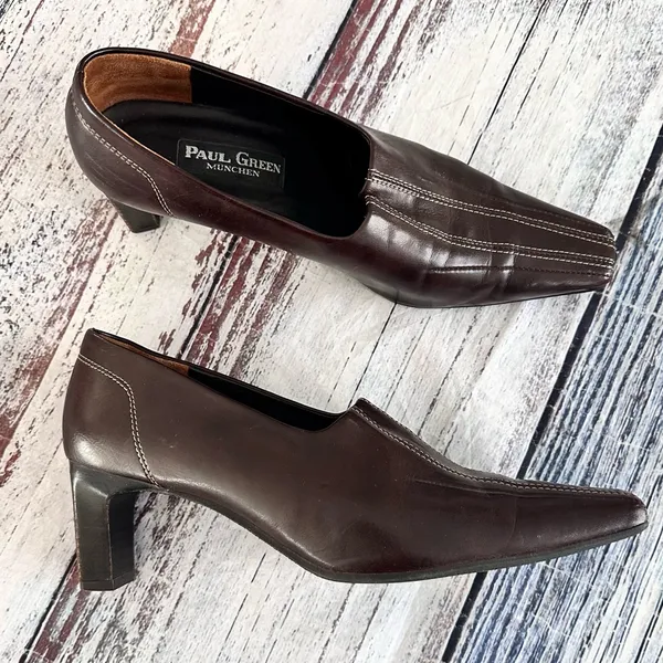 Vintage Paul Green Dark Brown Leather Mid-Heel Dress Shoes - Image 2