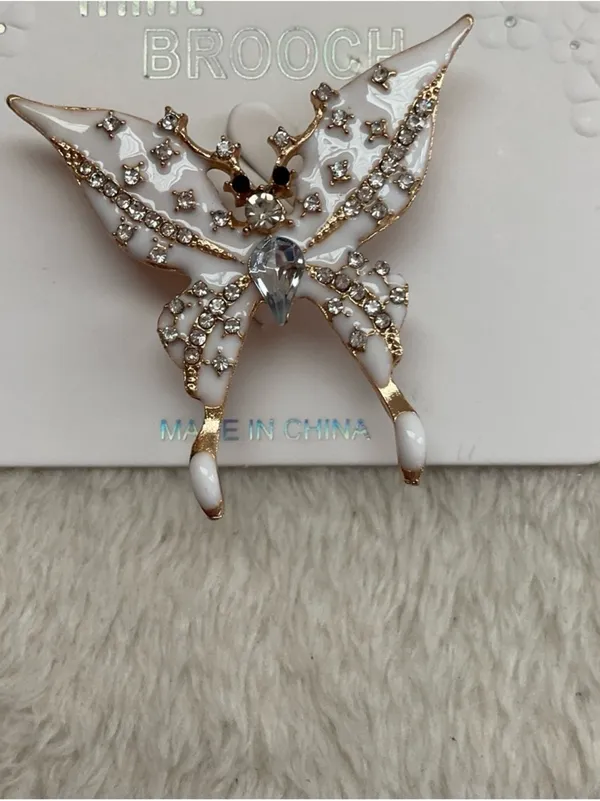 Mint White and Gold Butterfly Brooch with Clear Rhinestones - Image 2