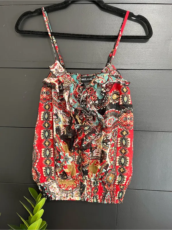WET SEAL Boho Festival Print Smocked Waist Cami Tank Top Women’s Sz S EUC - Image 2