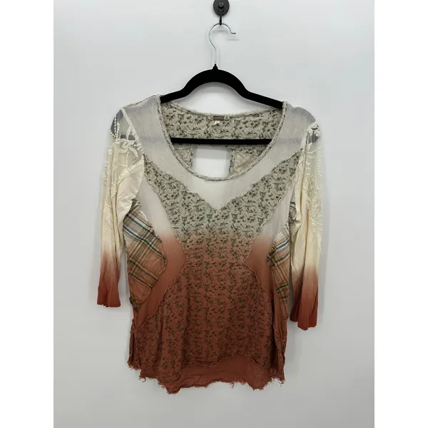 Gimmick by BKE Womens Medium Patchwork Floral Plaid Lace Cutout Top Rust Green - Image 2
