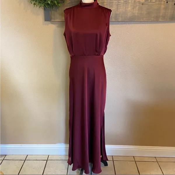 Lulus Classic Elegance Wine Satin Sleeveless Mock Neck Maxi Dress - Image 13