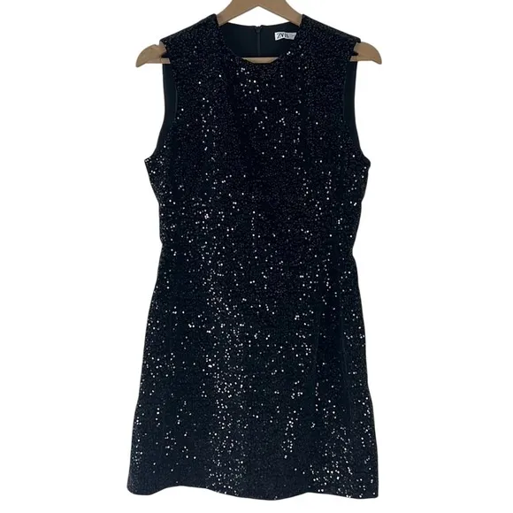 Zara Mini Dress Womens M Black Sequin Sleeveless Glam Cocktail‎ Party LBD NYE - Image 2