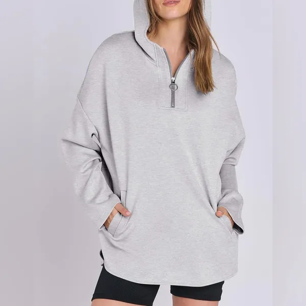 Gray oversized modern sporty chic simple travel hoodie 1/4 zipper pockets NWT M - Image 2