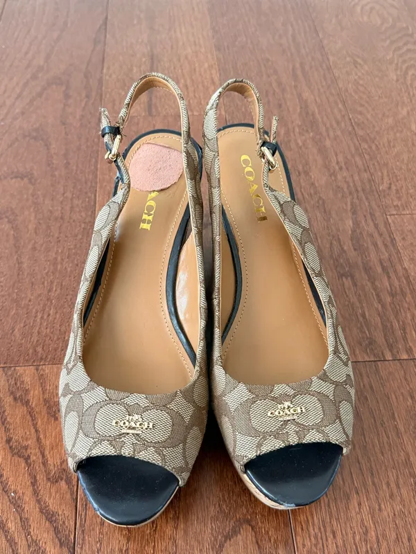 Coach Tan Signature Canvas Peep-Toe Slingback Heels with Black Toe - Image 7