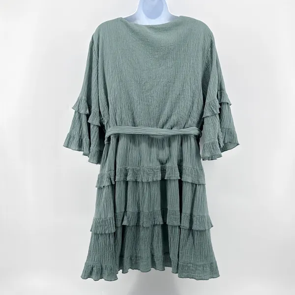 Showpo‎ Green Cotton Tiered Ruffle Mini Dress Belted V-Neck Bell Sleeve Plus 16 - Image 7