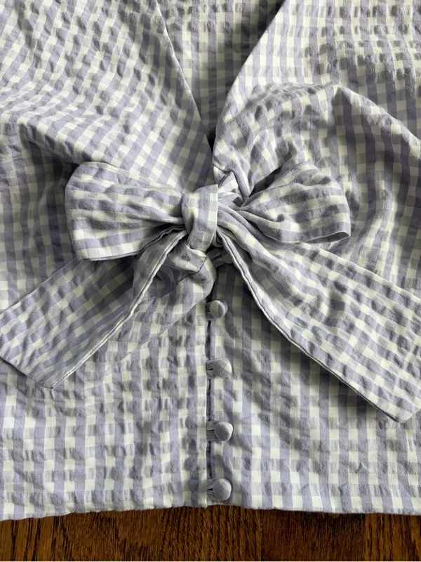 Maeve Anthropologie Cropped Gingham Bow Blouse Lavender Sz 14 Cottage Coastal - Image 7