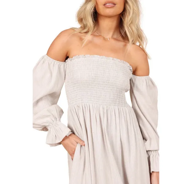 Petal + Pup Off The Shoulder Dress Domenica Striped Neutral Women 2 Midi Smocked - Image 4