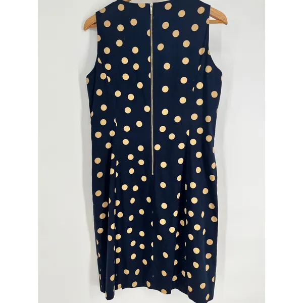 ANNE KLEIN Polka Dot Sheath Dress Womens 12 Navy Blue Tan Sleeveless Pockets - Image 6