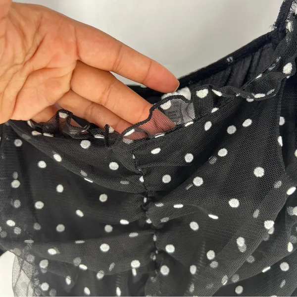 H&M Black & White Polka‎ Dot Mesh Puff Sleeve Ruffle Trim Ruched Mini Dress XXS - Image 4