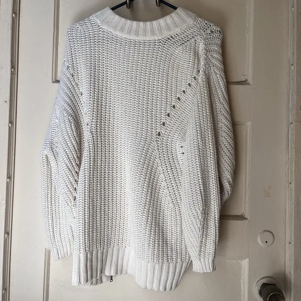 7 For All Mankind Chunky Sweater Sz XL Minimal White Zippers Boho Coastal Summer - Image 2
