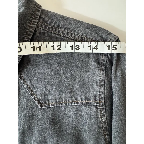 Timing Chambray Cotton Shirt Dress M Pockets Dark Grey Roll Tab Sleeve Summer - Image 9