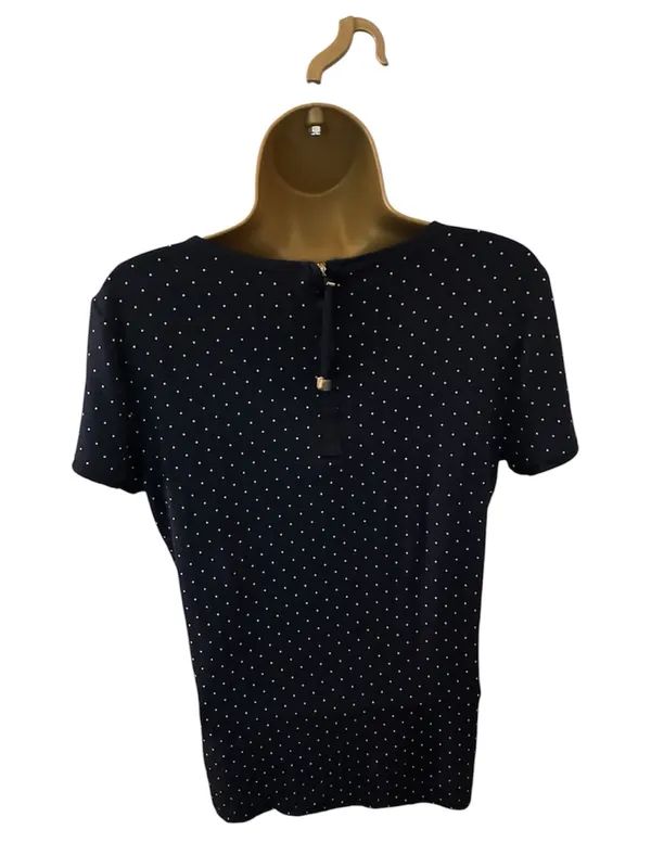 Ann Taylor Polka Dot Back Zip Top Short Sleeve Navy White M - Image 5