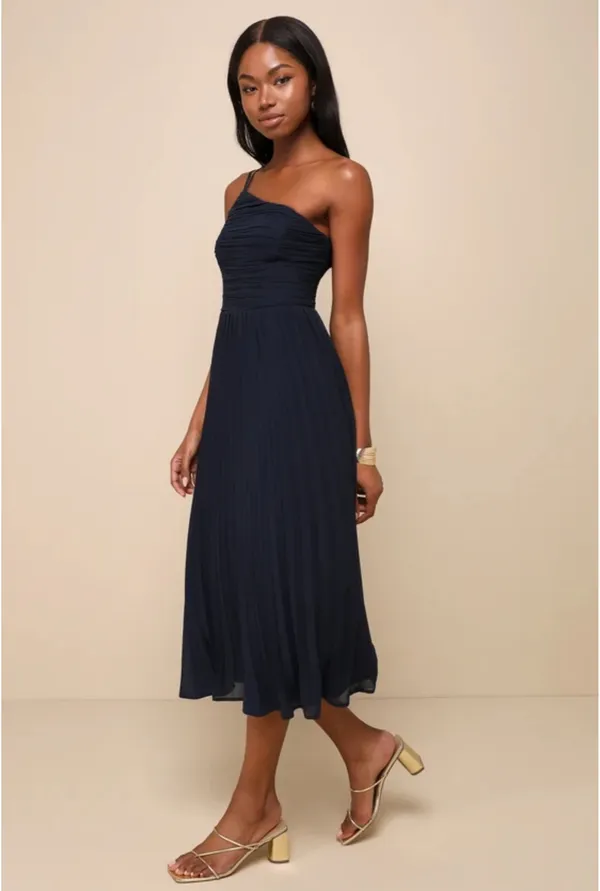 NWT Lulus Wondrous Muse Navy Blue Pleated One-Shoulder Midi Dress - Image 2