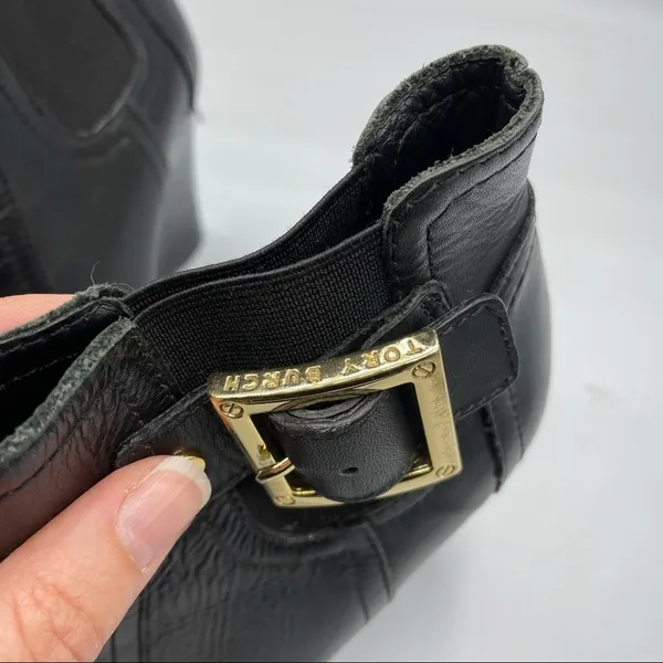 Tory Burch Black Leather Ankle Boots Wedges Womens 5 Booties Luxury Gold Buckle - Image 12