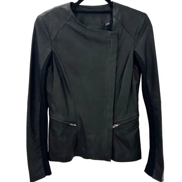 VEDA Black Lamb Leather Asymmetrical Moto‎ Biker Peplum Jacket Womens Sz Small - Image 2