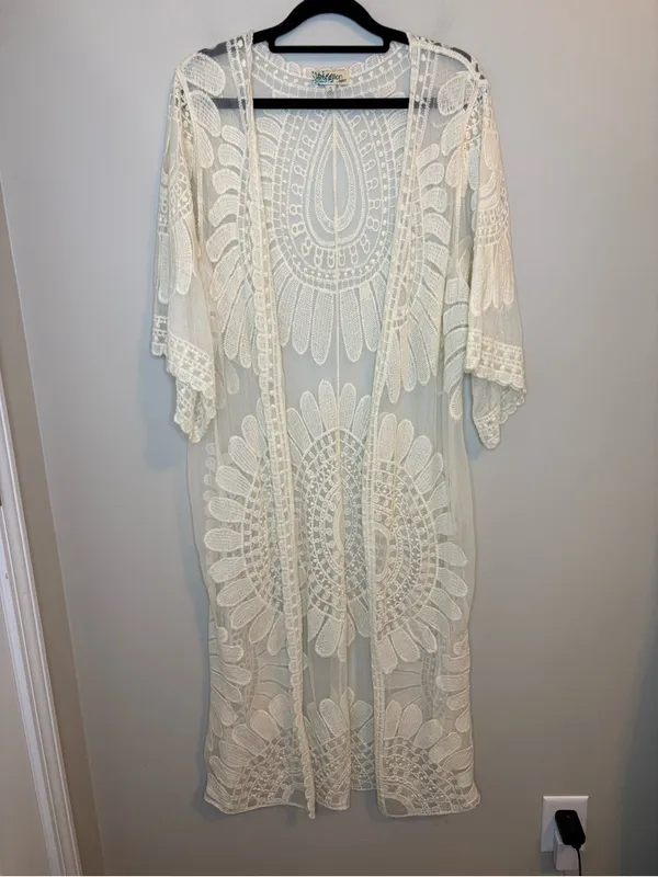 Rebellion Again Ivory Lace Duster Kimono S Embroidered Boho Maxi Cover Up - Image 8