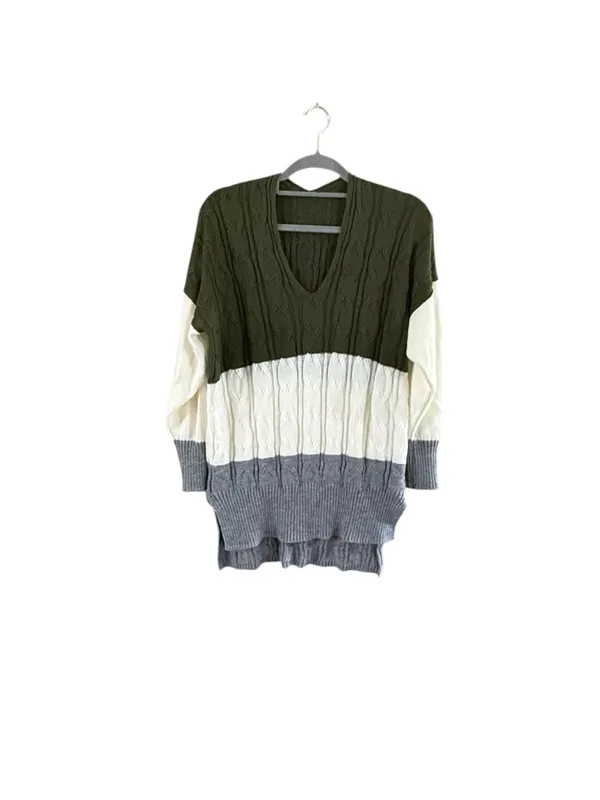 V-Neck Cable Knit Colorblock Sweater in Olive, Cream & Gray - Image 8