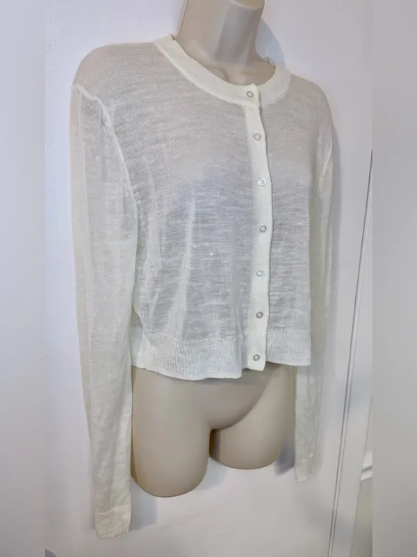 AQUA XL Ivory Linen Blend Open Knit Cardigan Lightweight Button Sweater - Image 3