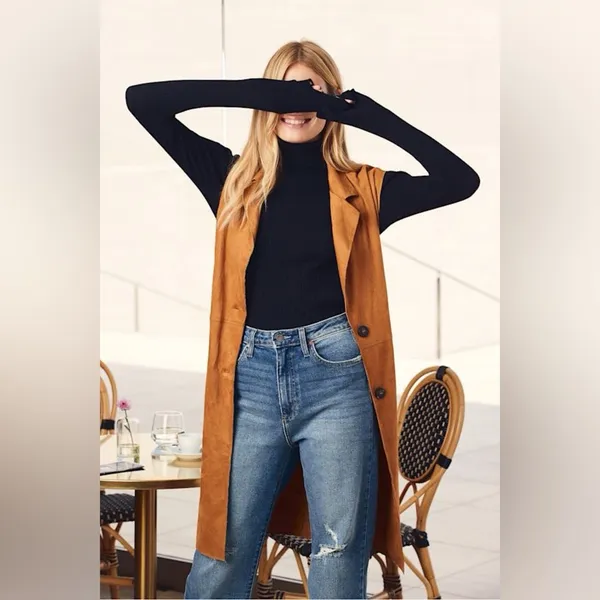 Lulus Brown Brisk Bliss Camel Suede Sleeveless Button‎ Long Trench Coat - Image 6